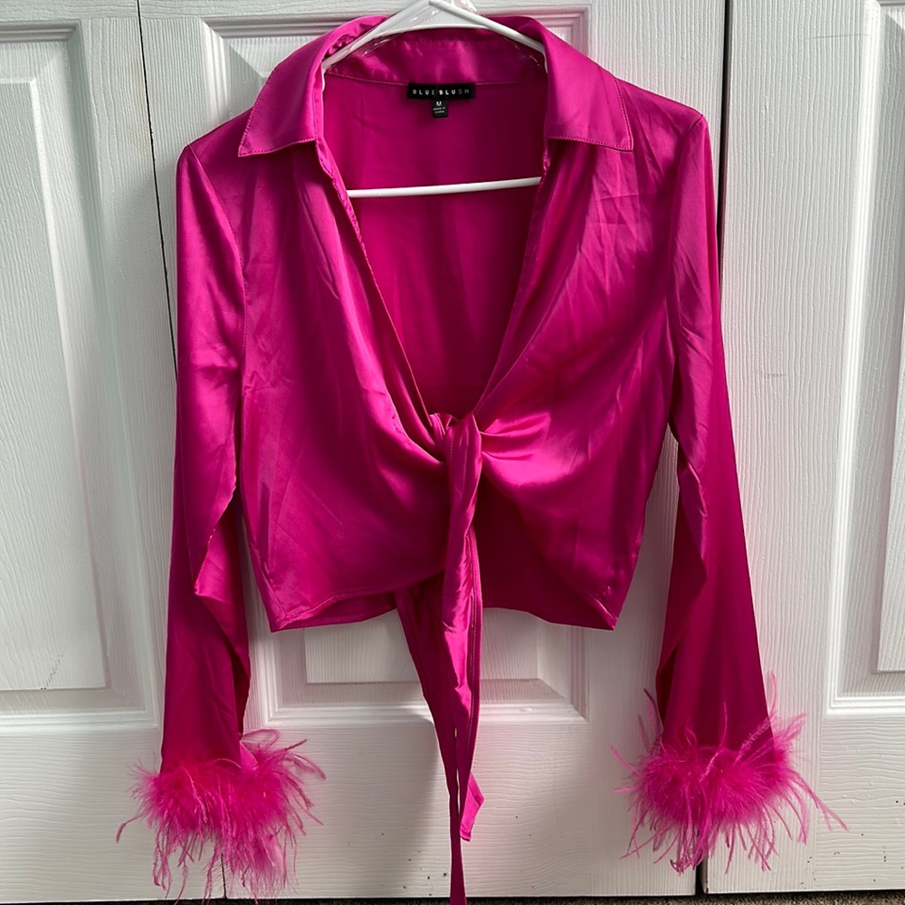 Pink Satin Top Tie Knot Feather Sleeves
